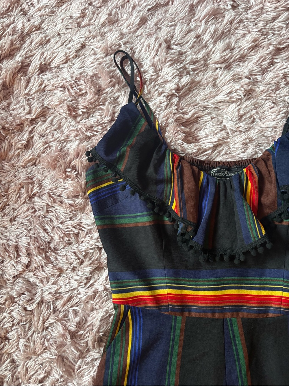 Voodoo Vixen Black Striped Pom Pom Romper Size Small - Picture 5 of 7